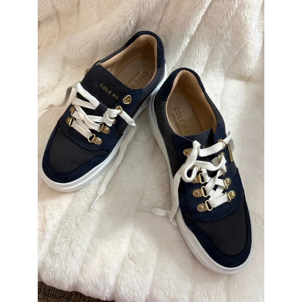 Cole Haan Grand Series Navy Canvas Suede Gold Hardware Sneakers Mens 11.5